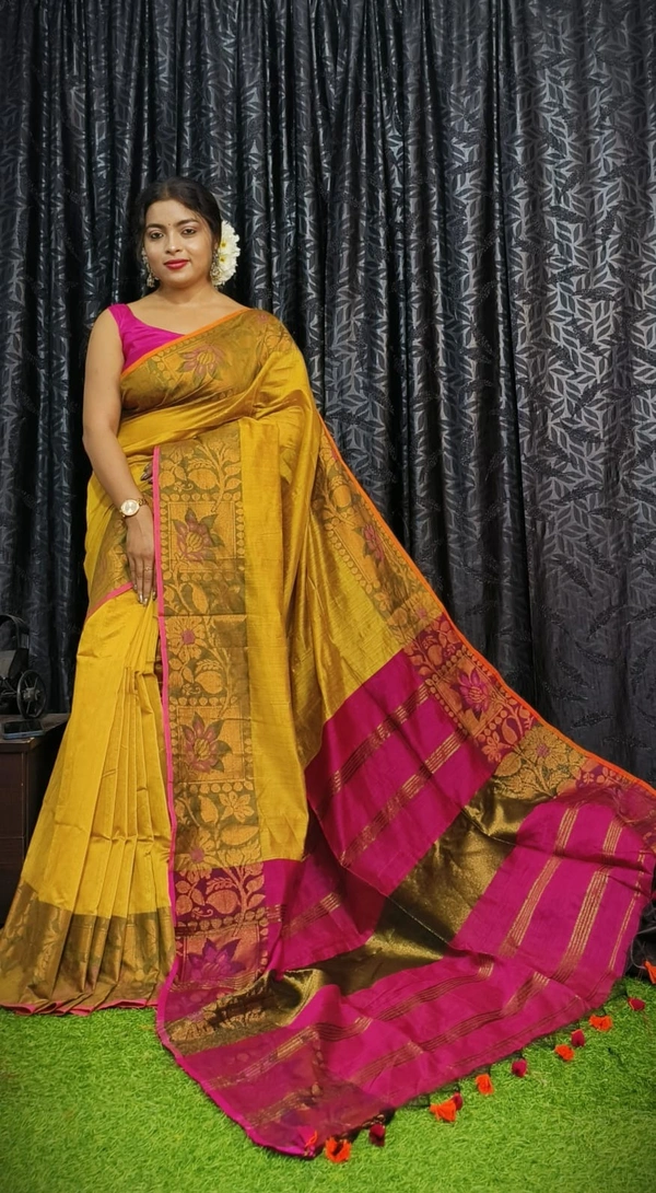 Nilima Handloom Copper Zari Floral Woven Border Saree - Sahara & Magenta