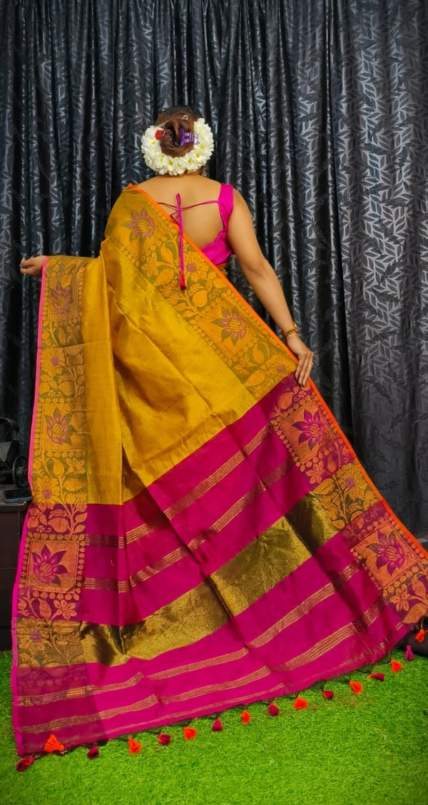 Nilima Handloom Copper Zari Floral Woven Border Saree - Sahara & Magenta