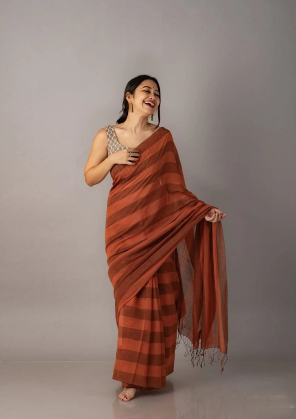 Handloom Self Contrast Strip Cotton Saree - Brown