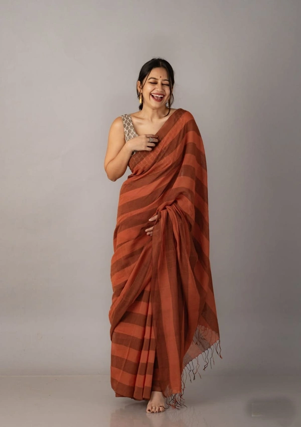 Handloom Self Contrast Strip Cotton Saree - Brown