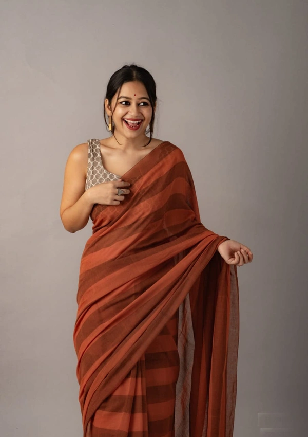 Handloom Self Contrast Strip Cotton Saree - Brown