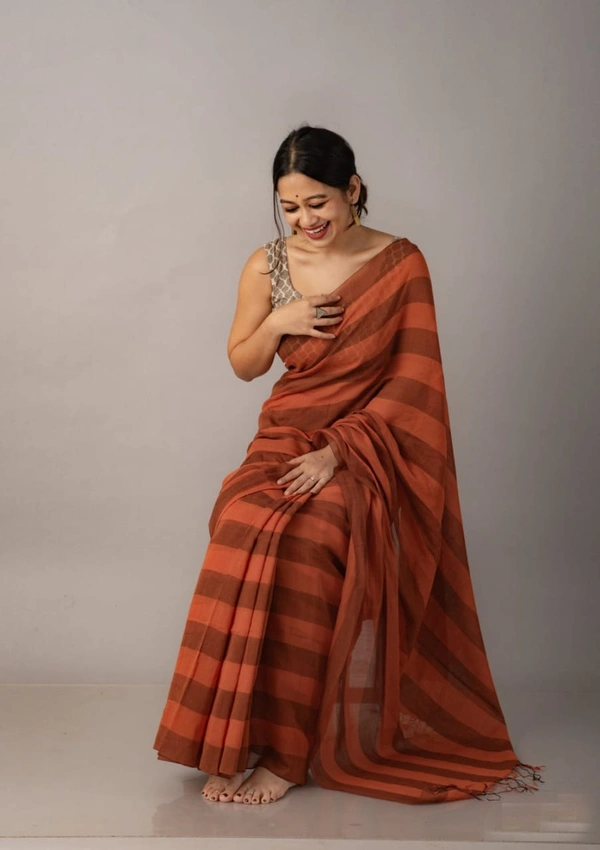 Handloom Self Contrast Strip Cotton Saree - Brown