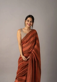 Handloom Self Contrast Strip Cotton Saree - Brown