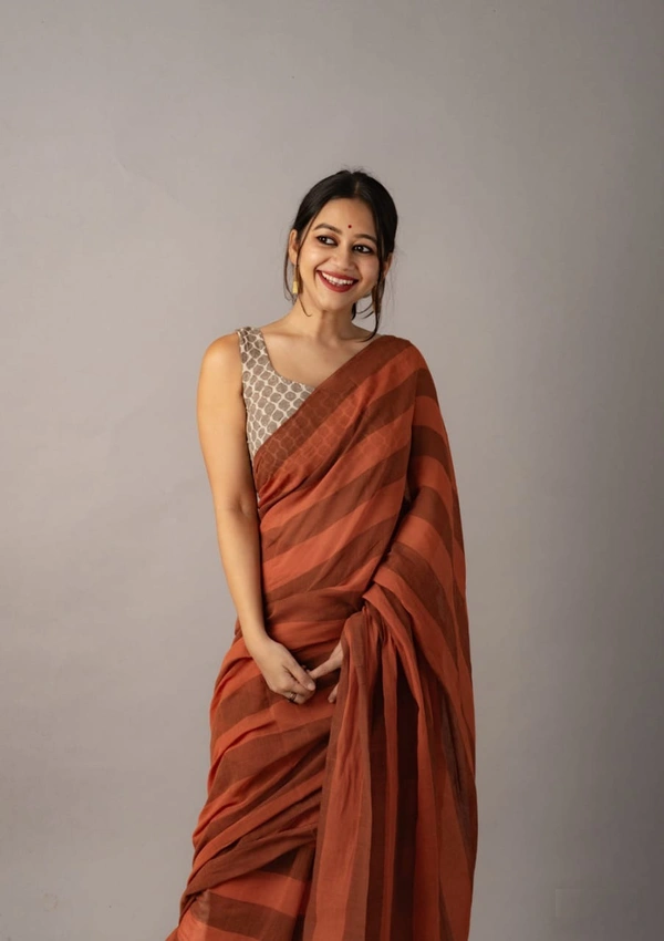 Handloom Self Contrast Strip Cotton Saree - Brown