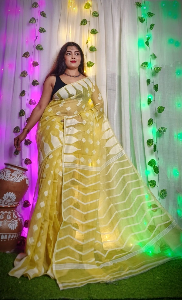 Handloom Temple Border Soft Jamdani - Yellow