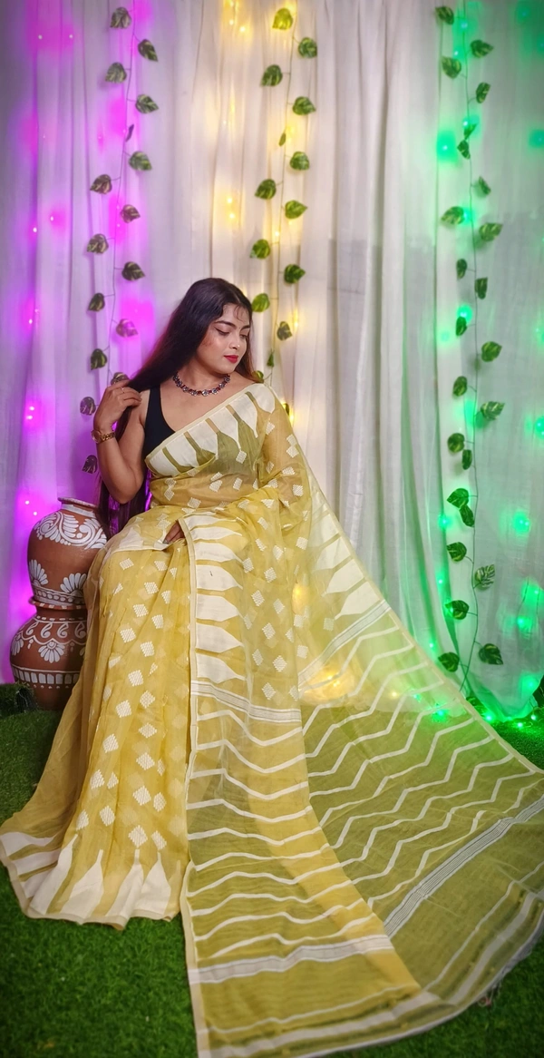 Handloom Temple Border Soft Jamdani - Yellow