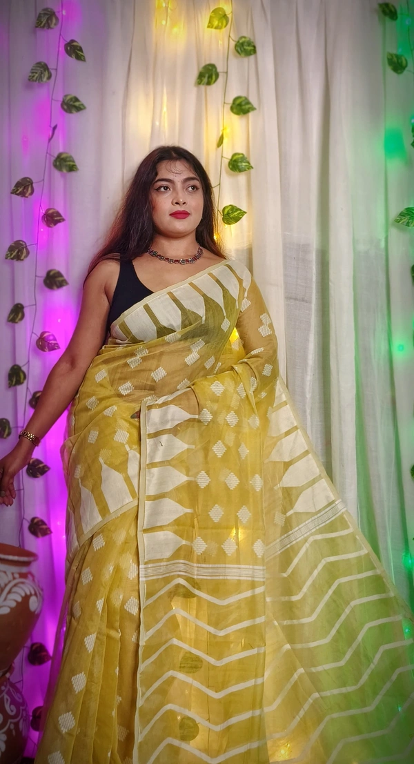 Handloom Temple Border Soft Jamdani - Yellow