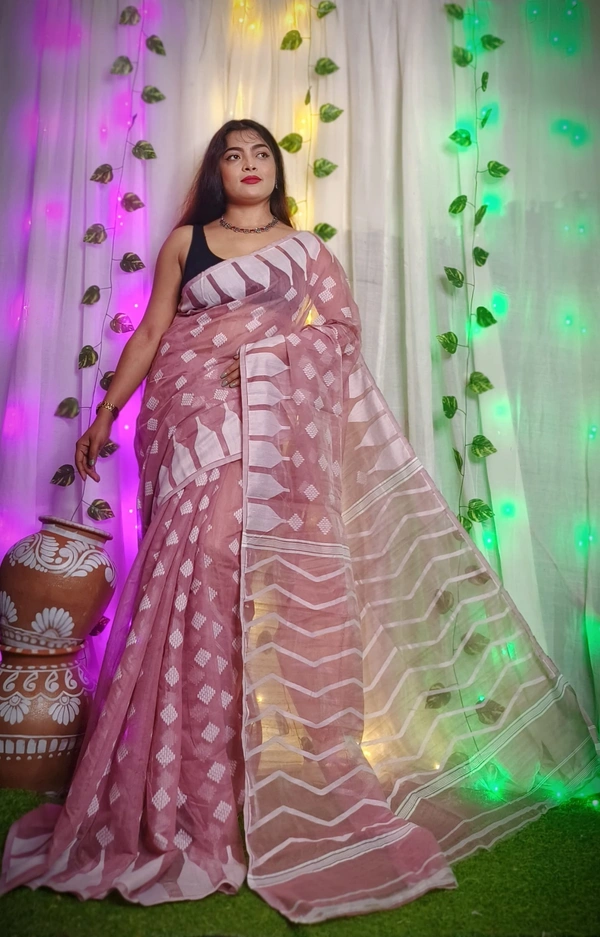 Handloom Temple Border Soft Jamdani - Pink
