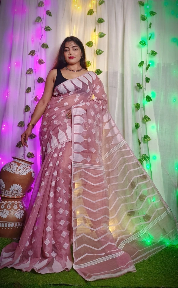 Handloom Temple Border Soft Jamdani - Pink