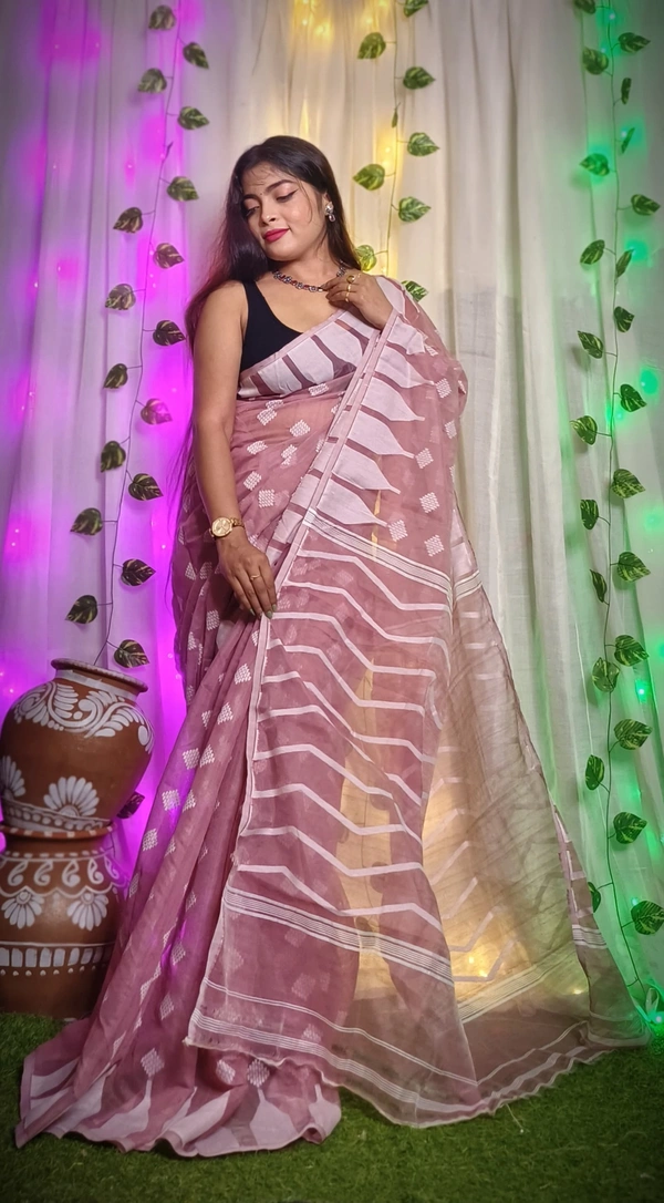 Handloom Temple Border Soft Jamdani - Pink