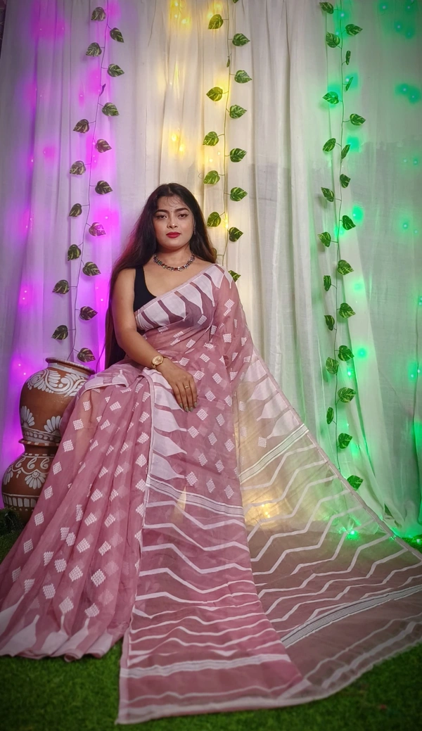 Handloom Temple Border Soft Jamdani - Pink