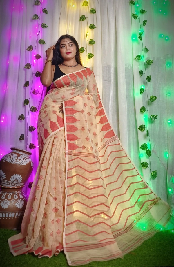 Handloom Temple Border Soft Jamdani - Beige
