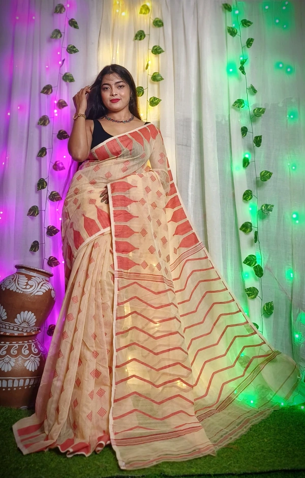 Handloom Temple Border Soft Jamdani - Beige