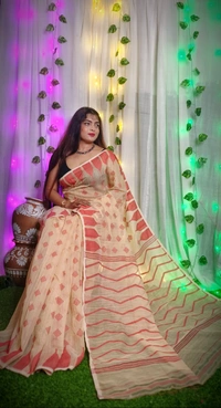 Handloom Temple Border Soft Jamdani - Beige