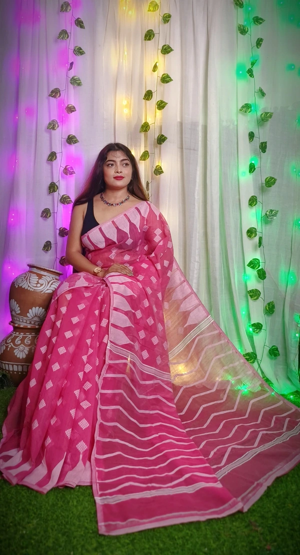 Handloom Temple Border Soft Jamdani - Royal Heath