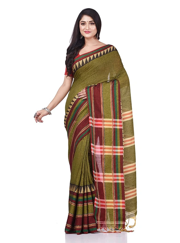 Handloom Traditional Woven Temple Border Saree - Olive