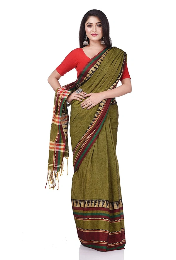 Handloom Traditional Woven Temple Border Saree - Olive