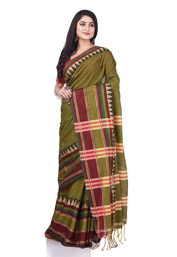 Handloom Traditional Woven Temple Border Saree - Olive