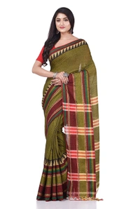 Handloom Traditional Woven Temple Border Saree - Olive