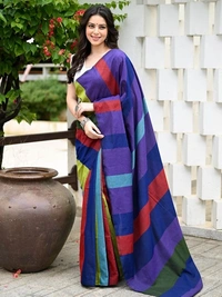 Handloom Multicolored Big Strips Saree - Slab Cotton