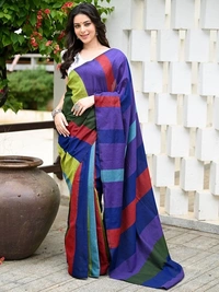 Handloom Multicolored Big Strips Saree - Slab Cotton