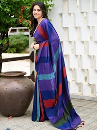 Handloom Multicolored Big Strips Saree - Slab Cotton