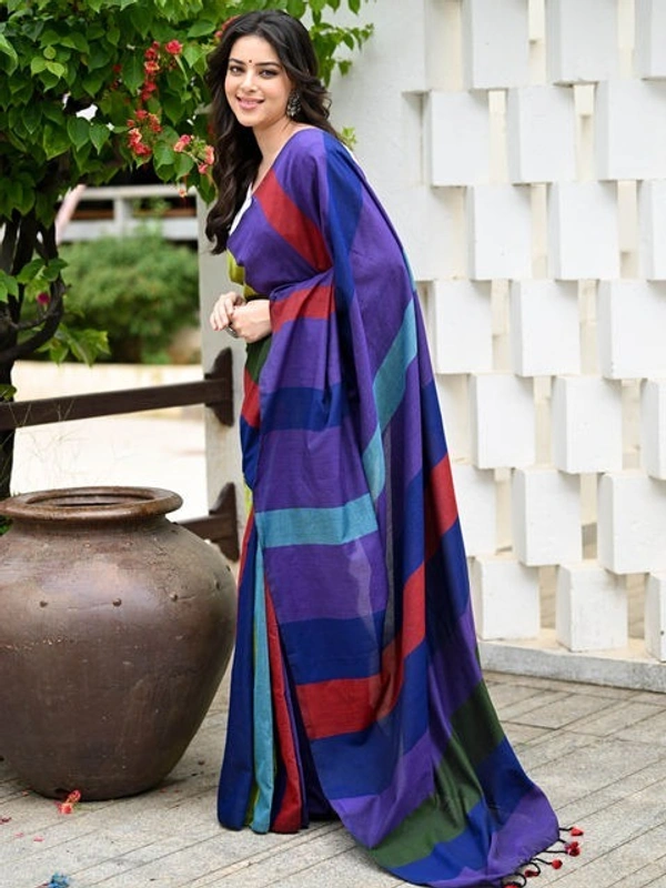 Handloom Multicolored Big Strips Saree - Slab Cotton