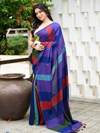Handloom Multicolored Big Strips Saree - Slab Cotton