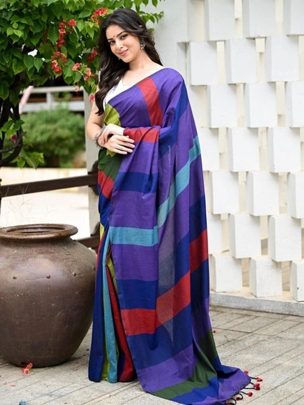 Handloom Multicolored Big Strips Saree - Slab Cotton