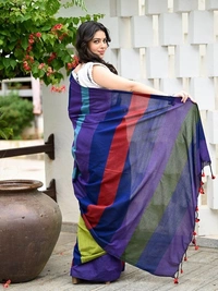 Handloom Multicolored Big Strips Saree - Slab Cotton