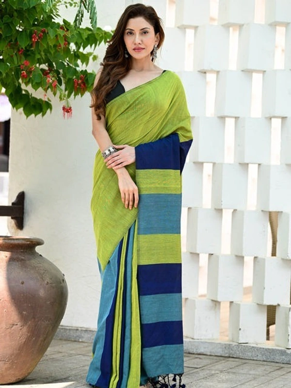 Handloom Multicolored Big Strips Saree - Slab Cotton