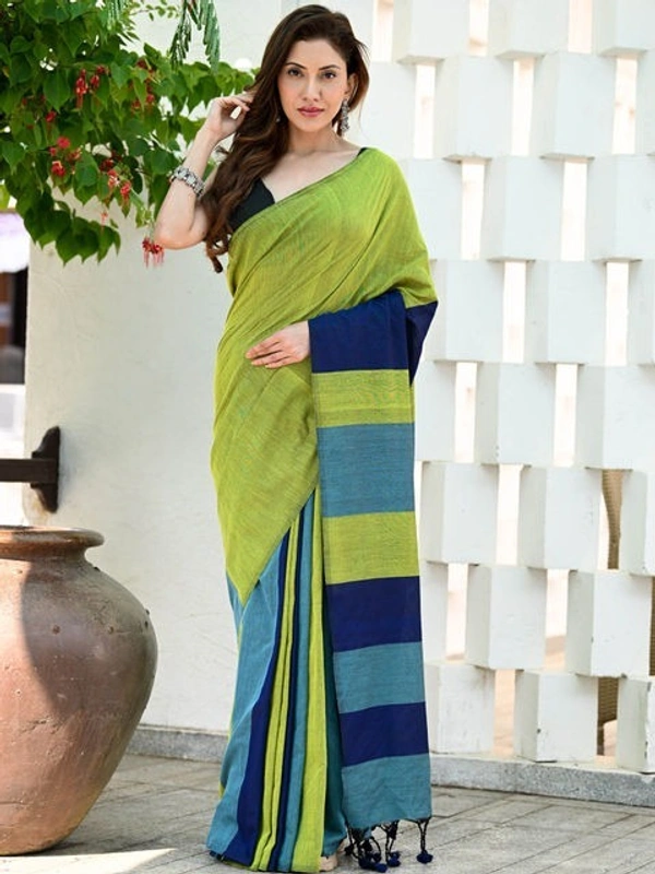 Handloom Multicolored Big Strips Saree - Slab Cotton