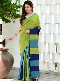 Handloom Multicolored Big Strips Saree - Slab Cotton