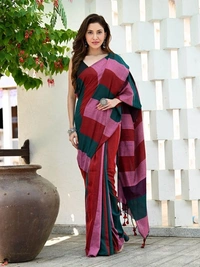 Handloom Multicolored Big Strips Saree - Slab Cotton