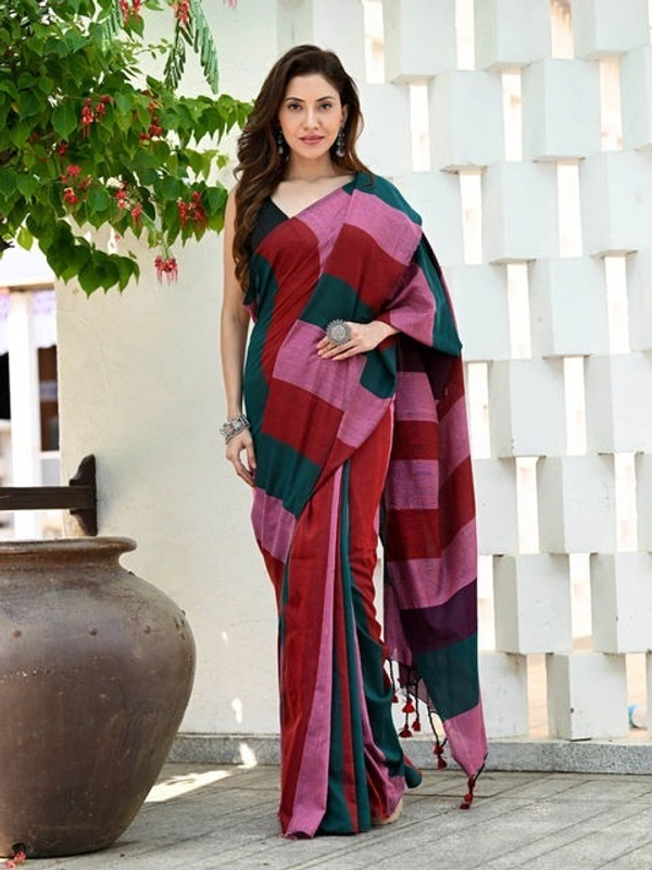 Handloom Multicolored Big Strips Saree - Slab Cotton
