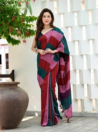Handloom Multicolored Big Strips Saree - Slab Cotton