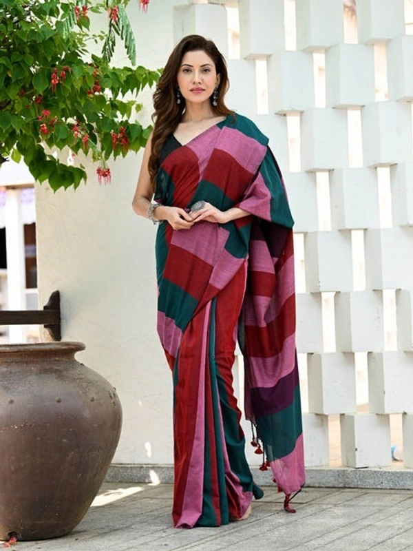 Handloom Multicolored Big Strips Saree - Slab Cotton