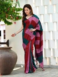 Handloom Multicolored Big Strips Saree - Slab Cotton