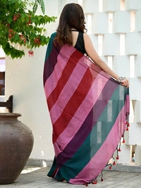 Handloom Multicolored Big Strips Saree - Slab Cotton