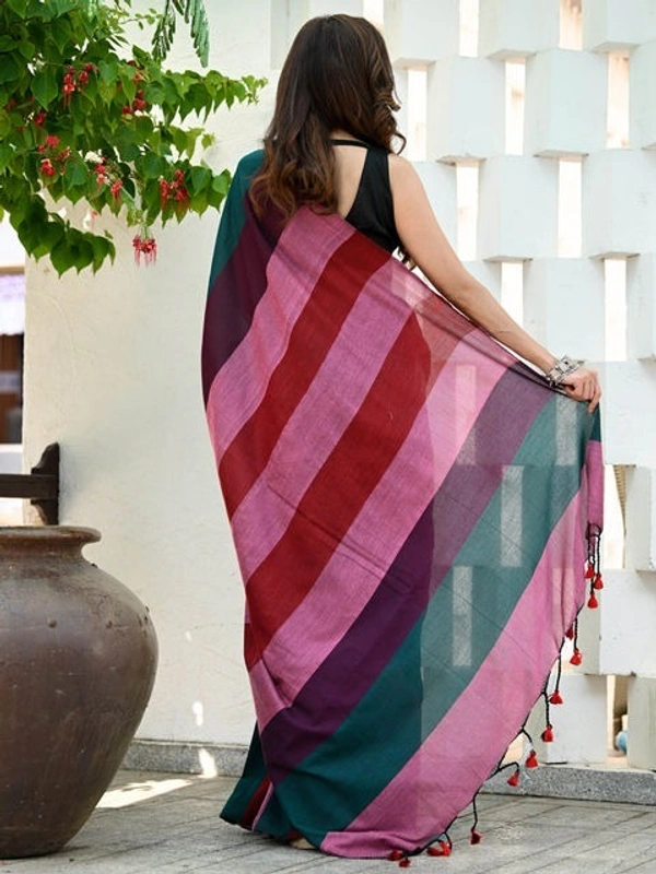 Handloom Multicolored Big Strips Saree - Slab Cotton
