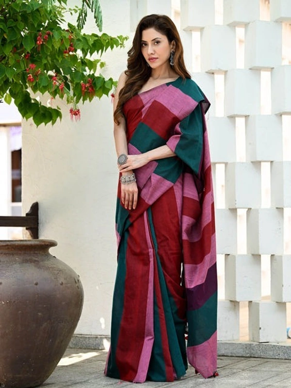 Handloom Multicolored Big Strips Saree - Slab Cotton