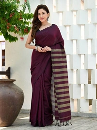 Handloom Contrast Color Strips Pallu Saree - Brown