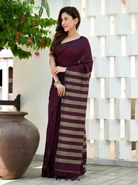 Handloom Contrast Color Strips Pallu Saree - Brown