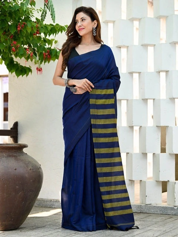 Handloom Contrast Color Strips Pallu Saree - Blue