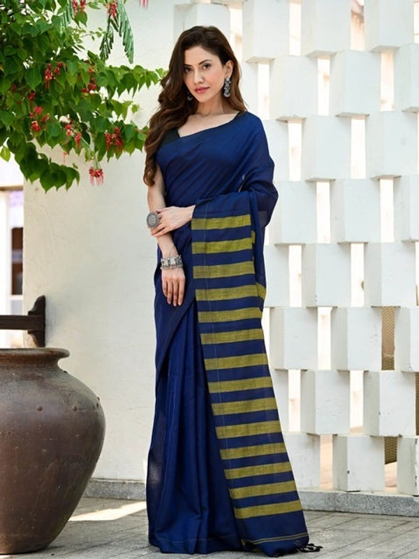 Handloom Contrast Color Strips Pallu Saree - Blue