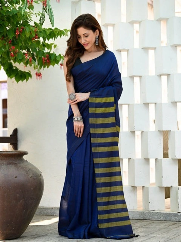Handloom Contrast Color Strips Pallu Saree - Blue