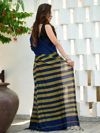 Handloom Contrast Color Strips Pallu Saree - Blue