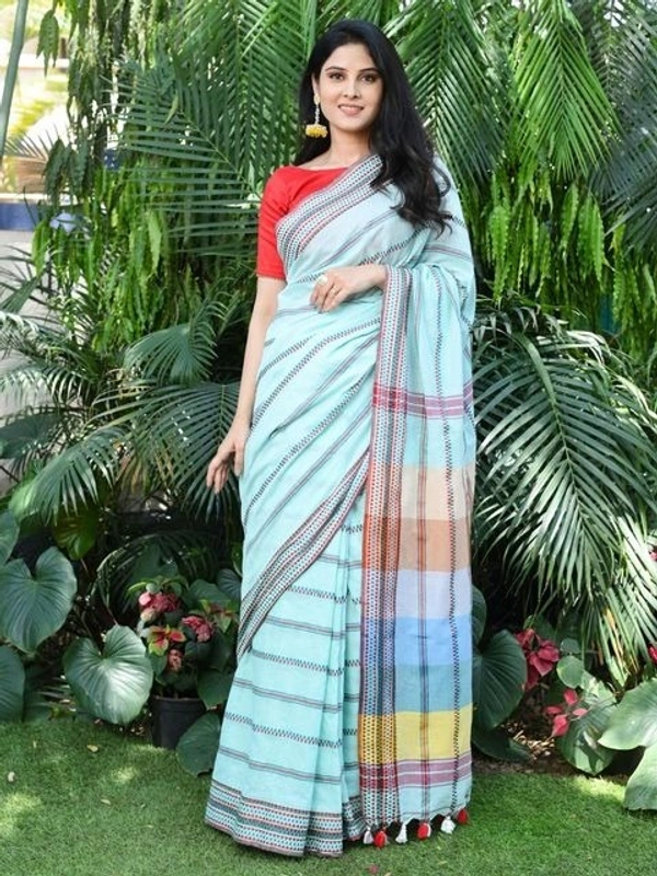 Traditional Woven Border Saree - Seagull
