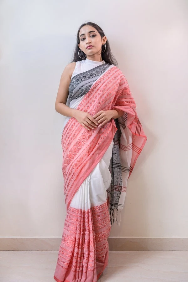 Handloom Multi Border Begampuri Work Cotton Saree