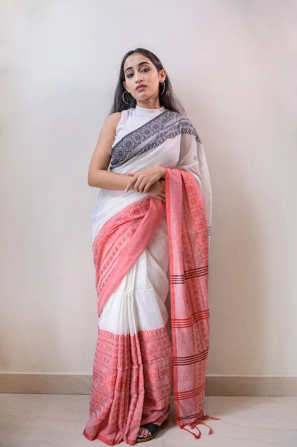 Handloom Multi Border Begampuri Work Cotton Saree